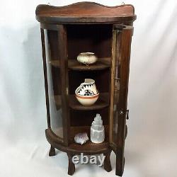 Vtg Curved Glass Dark Brown Wood Small Wall Tabletop Curio Display Case Footed