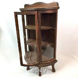 Vtg Curved Glass Dark Brown Wood Small Wall Tabletop Curio Display Case Footed