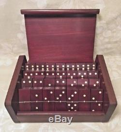 Vtg Dominoes Set in Wood Case Embedded Metal Dots Mexico Display Domino on Top