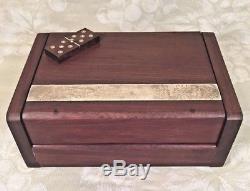 Vtg Dominoes Set in Wood Case Embedded Metal Dots Mexico Display Domino on Top