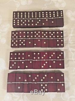 Vtg Dominoes Set in Wood Case Embedded Metal Dots Mexico Display Domino on Top