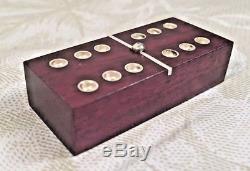 Vtg Dominoes Set in Wood Case Embedded Metal Dots Mexico Display Domino on Top