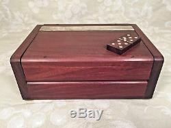 Vtg Dominoes Set in Wood Case Embedded Metal Dots Mexico Display Domino on Top