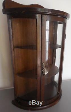 Vtg Half Round Glass mini Curio Cabinet Wood display Case shelves wall table-top