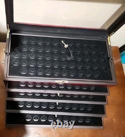 Vtg Wood Coin Jewelry Knives Display Case 4 Drawers Lock & Key/NOS