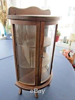 WOOD CURIO CABINET CURVED GLASS MINIATURE DISPLAY WITH WOOD SHELVES 1950's