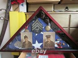 WW2 Memorial Flag Display Case for Burial Funeral Solid Wood+ Flag, ID Tags, Medal