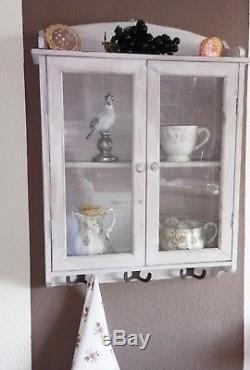 Wall Cabinet Wardrobe Display Case Hanging Wood Glass 3 Hook Grey Shabby Vintage