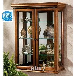 Wall Mount Curio Cabinet Display Glass Shelf Wood Case Mirrored Decor Furniture