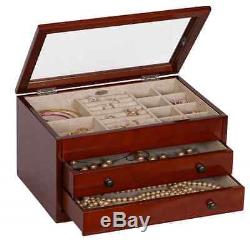 Walnut Jewelry Box Storage Display Chest Case, Ring Necklace Organizer, Wood New
