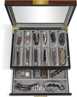 Walnut Two-Tier Knife Display Case with Drawer and Real Glass Window Top for Kni