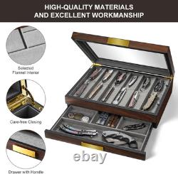 Walnut Two-Tier Knife Display Case with Drawer and Real Glass Window Top for Kni