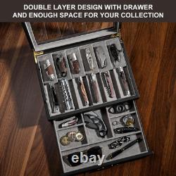 Walnut Two-Tier Knife Display Case with Drawer and Real Glass Window Top for Kni