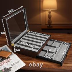 Walnut Two-Tier Knife Display Case with Drawer and Real Glass Window Top for Kni