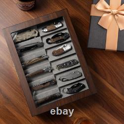Walnut Two-Tier Knife Display Case with Drawer and Real Glass Window Top for Kni