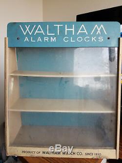 Waltham Alarm Clocks Store Display Antique Vintage Collectible Rare Wood Cabinet