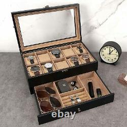 Watch Box 10 Slot Watch Case Display for Men Women, Watch Organizer Wood Linen