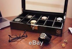 Watch Box, Elegant Wooden Case Organiser w Lock, Glass Display for 12 watches