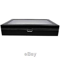 Watch Box Large 24 Mens Black Leather Display Glass Top Jewelry Case Organizer