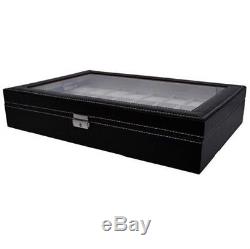 Watch Box Large 24 Mens Black Leather Display Glass Top Jewelry Case Organizer