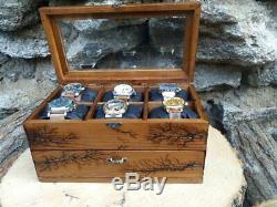 Watch Box Solid Wood 12 Slots Display Top Glass Case Lichtenberg Burned
