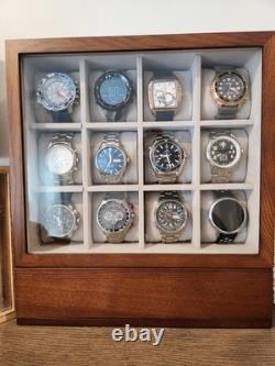 Watch Display Case 12 Slot Vertical Walnut Wood & Velvet Organizer Storage Box