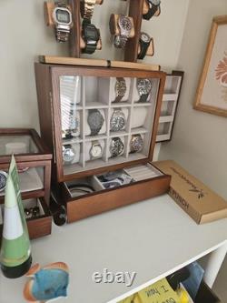 Watch Display Case 12 Slot Vertical Walnut Wood & Velvet Organizer Storage Box