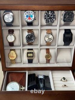 Watch Display Case 12 Slot Vertical Walnut Wood & Velvet Organizer Storage Box