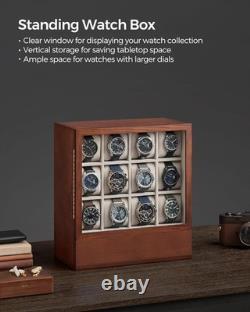 Watch Display Case 12 Slot Vertical Walnut Wood & Velvet Organizer Storage Box