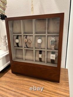 Watch Display Case 12 Slot Vertical Walnut Wood & Velvet Organizer Storage Box