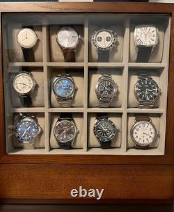 Watch Display Case 12 Slot Vertical Walnut Wood & Velvet Organizer Storage Box