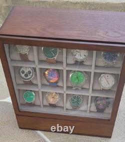 Watch Display Case 12 Slot Vertical Walnut Wood & Velvet Organizer Storage Box
