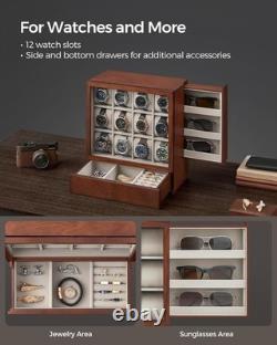 Watch Display Case 12 Slot Vertical Walnut Wood & Velvet Organizer Storage Box