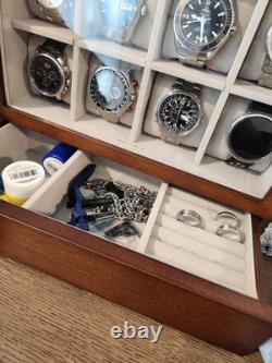 Watch Display Case 12 Slot Vertical Walnut Wood & Velvet Organizer Storage Box