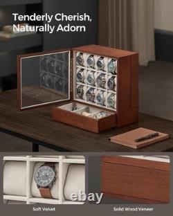 Watch Display Case 12 Slot Vertical Walnut Wood & Velvet Organizer Storage Box