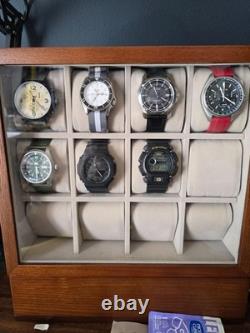Watch Display Case 12 Slot Vertical Walnut Wood & Velvet Organizer Storage Box