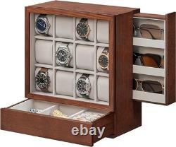 Watch Display Case 12 Slot Vertical Walnut Wood & Velvet Organizer Storage Box
