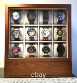 Watch Display Case 12 Slot Vertical Walnut Wood & Velvet Organizer Storage Box