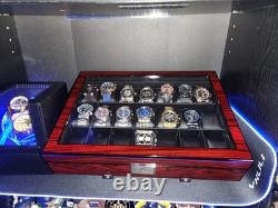 Watch Display Case 21 Slot Ebony Wood & Leather Organizer Storage Glass Lid Box