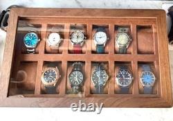 Watch Display Case Luxury 12 Slot Solid Walnut Wood Suede Storage Organizer Box
