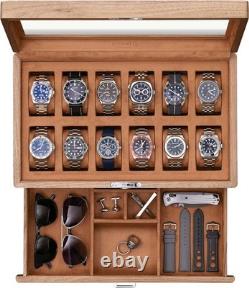 Watch Display Case Luxury 12 Slot Solid Walnut Wood Suede Storage Organizer Box
