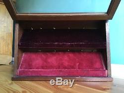 Weighted Antique Mahogany Pocket Watch Display Case Storage Box Glass Fronted
