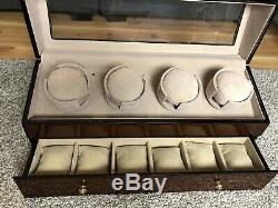 Wood 4 Watch Automatic Winder Display Case Box With Drawer For 6 More