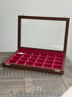 Wood Coin Display Case 24 Slot with Glass Lid Italian Velvet Handmade Numbered