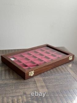 Wood Coin Display Case 24 Slot with Glass Lid Italian Velvet Handmade Numbered