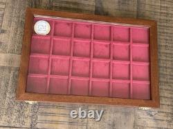 Wood Coin Display Case 24 Slot with Glass Lid Italian Velvet Handmade Numbered