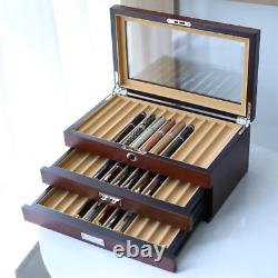 Wood Fountain Pen Display Case 3 Layer Glass Top 36 Slot with Drawers Ash Veneer