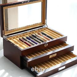 Wood Fountain Pen Display Case 3 Layer Glass Top 36 Slot with Drawers Ash Veneer