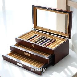 Wood Fountain Pen Display Case 3 Layer Glass Top 36 Slot with Drawers Ash Veneer