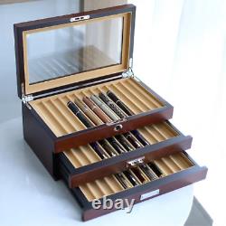 Wood Fountain Pen Display Case 3 Layer Glass Top 36 Slot with Drawers Ash Veneer